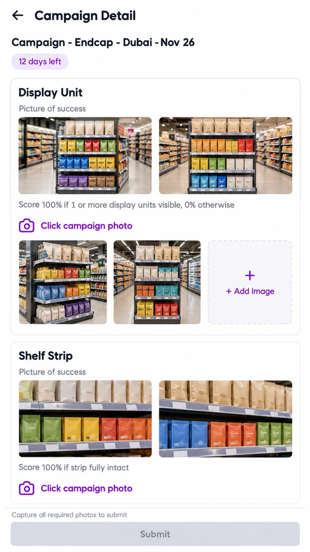 Mobile app screenshot of a Campaign Detail screen with picture of success reference photos, scoring rules, a Click campaign photo link and a disabled Submit button.