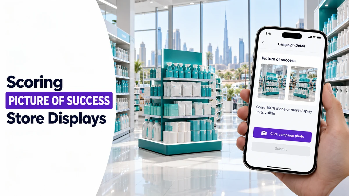 Photorealistic Dubai supermarket aisle with a promotional display unit and a hand holding a phone showing a Campaign Detail screen with picture of success reference photos.