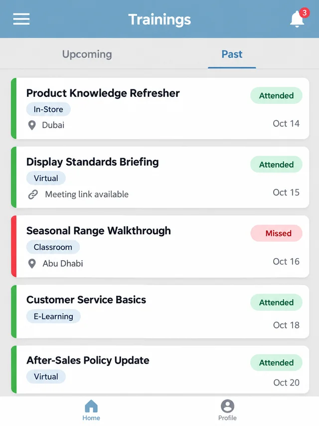 Mobile app screenshot of a Trainings screen on the Past tab with In-Store, Virtual, Classroom and E-Learning sessions, each with an Attended or Missed status pill.