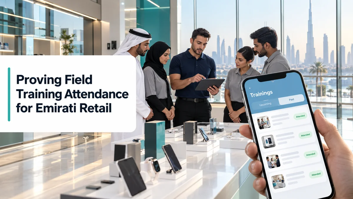 Photorealistic Dubai electronics showroom where a trainer shows a tablet to four store staff, with a phone in the foreground showing a Trainings screen with Attended pills.