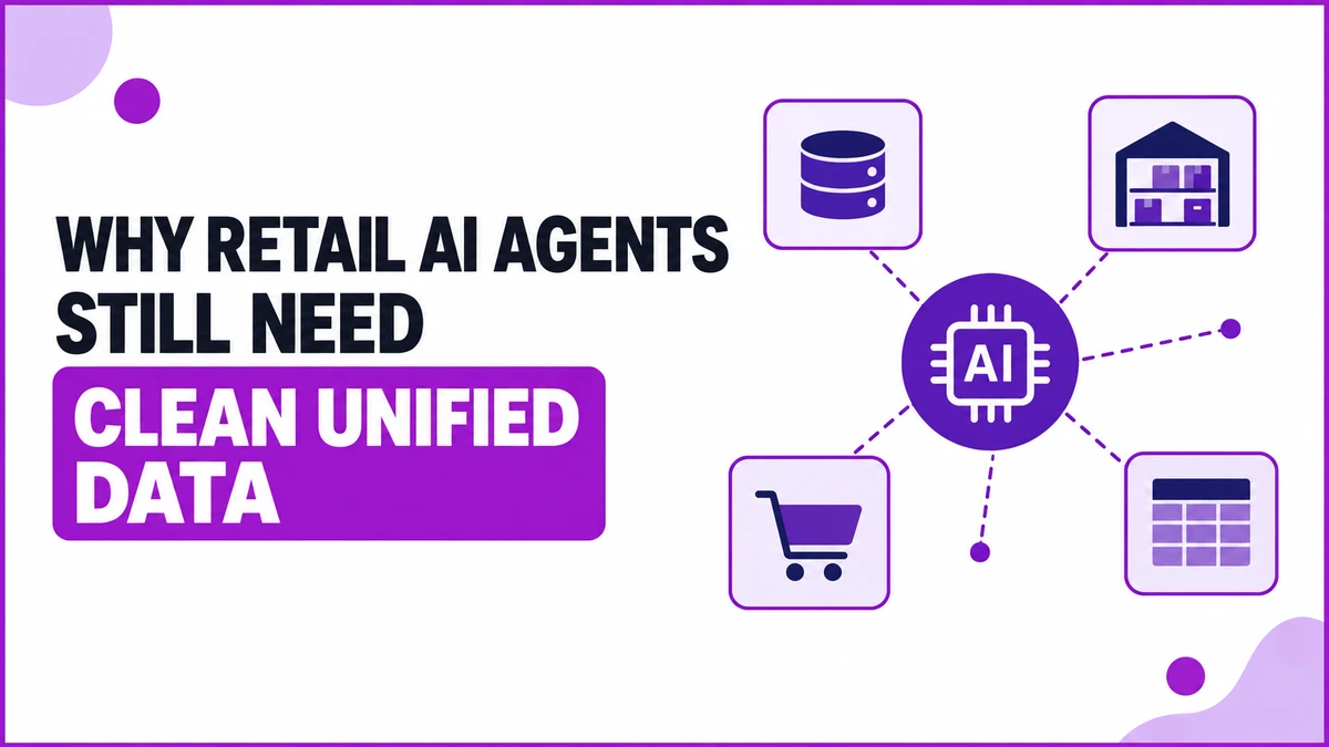 An abstract illustration of database, warehouse, cart and spreadsheet icons connected by dashed lines to a central AI chip hub, with two lines left dangling to represent fragmented retail data.
