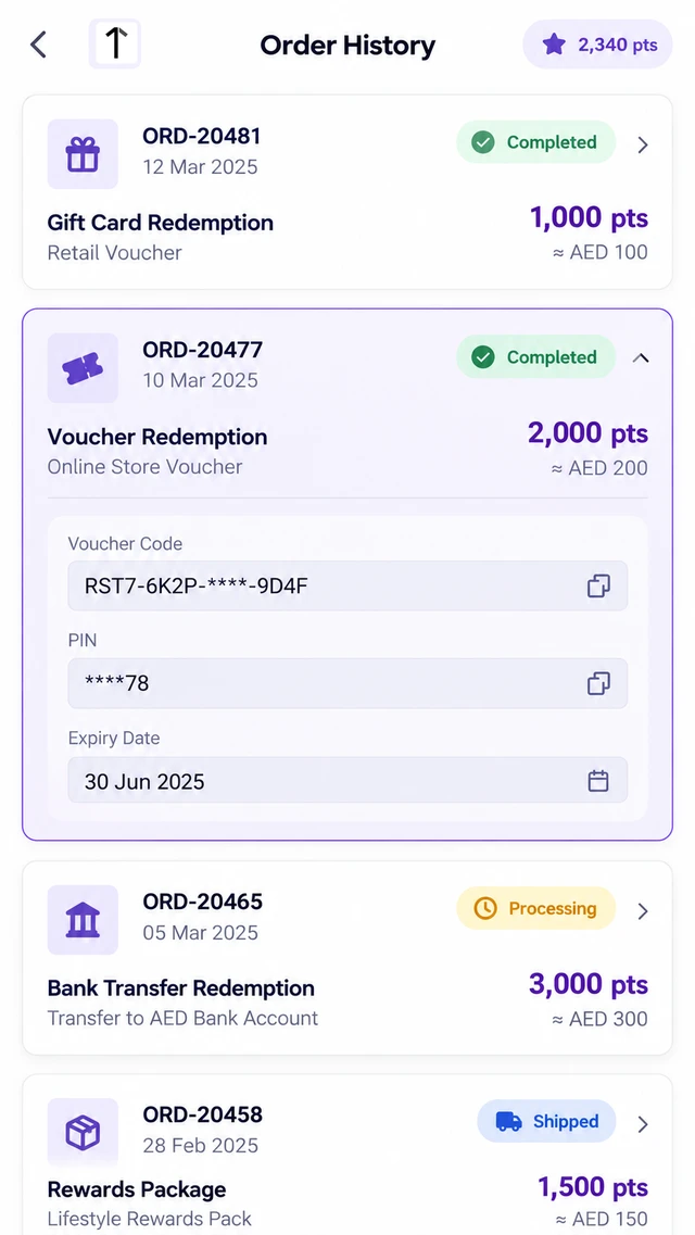 Mobile app screenshot of an Order History screen showing redemption order cards with status badges and an expanded voucher card with a masked code, PIN, and expiry date.