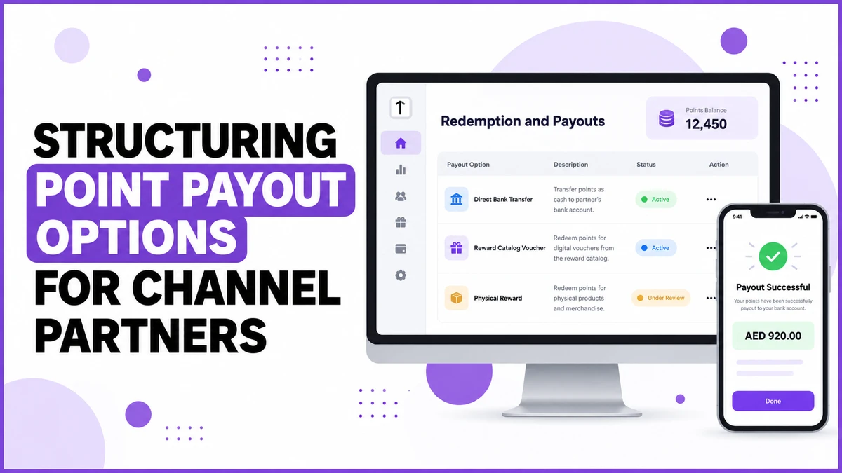 Flat illustration of three loyalty-reward redemption paths next to a software admin dashboard showing Redemption and Payouts and a phone confirming a successful AED payout.