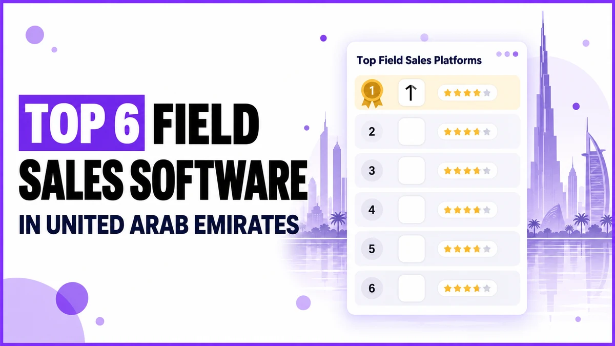 Top 6 field sales software platforms in United Arab Emirates, shown as a ranked leaderboard beside a Dubai skyline silhouette
