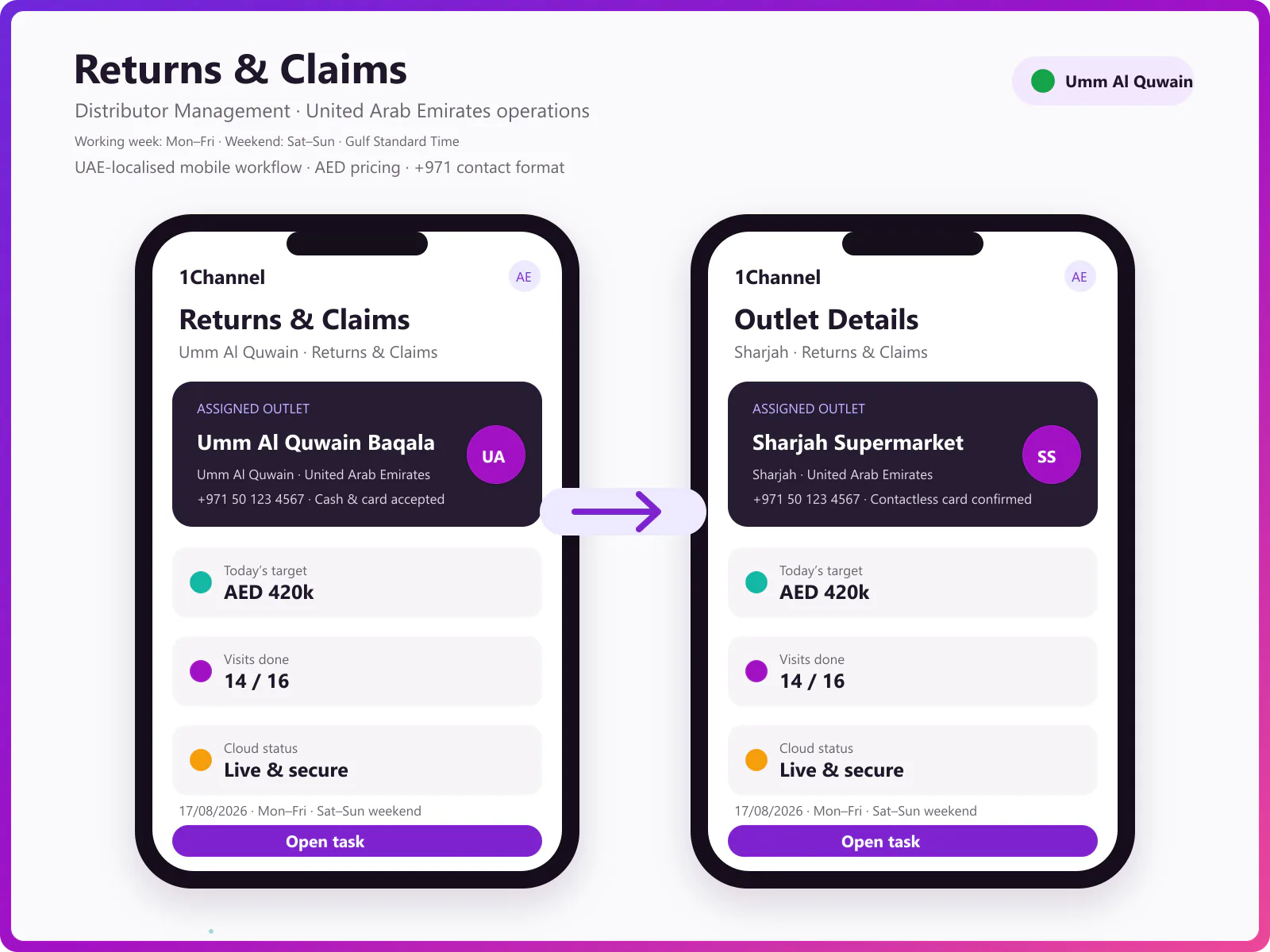 Field order management app showing returns processing, customer creation, and AI assistant