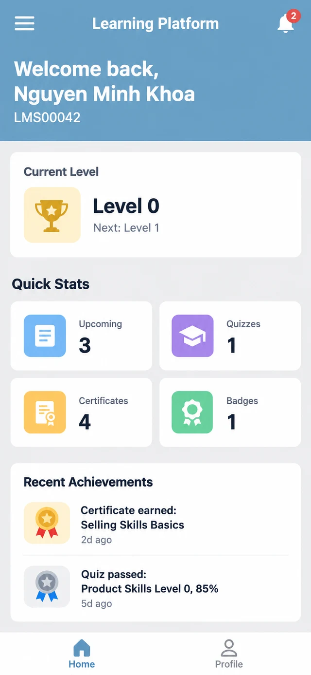 Mobile app screenshot of the 1Channel learning home screen for sales rep Nguyen Minh Khoa showing the Current Level card and quick stats for upcoming trainings, quizzes, certificates and badges