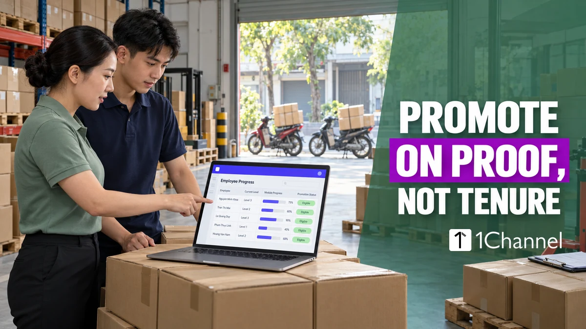Sales supervisor and field rep in a Hanoi distributor depot reviewing an Employee Progress dashboard on a laptop, beside the headline Promote on Proof, Not Tenure