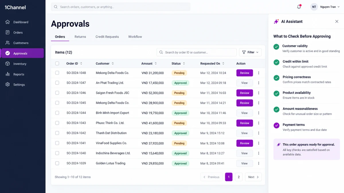 Desktop screenshot of the 1Channel DMS Approvals queue for Mekong Delta Foods Co. with the Odin AI assistant panel open showing a pre-approval checklist