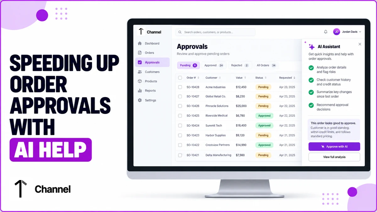 1Channel DMS approvals queue on a desktop monitor beside a mobile app screen showing an AI assistant panel, illustrating AI-assisted order approvals for Vietnam distributors