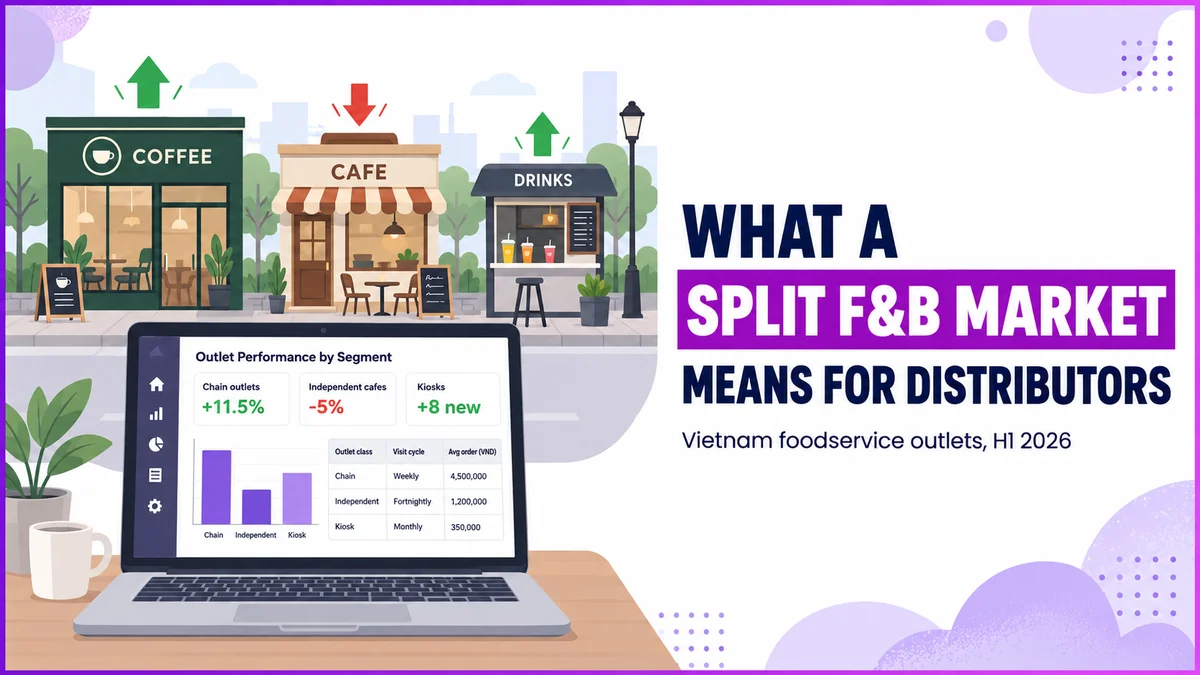 Illustration of a chain coffee shop, an independent café and a drinks kiosk beside an outlet performance dashboard, showing Vietnam's split F&B market for distributors