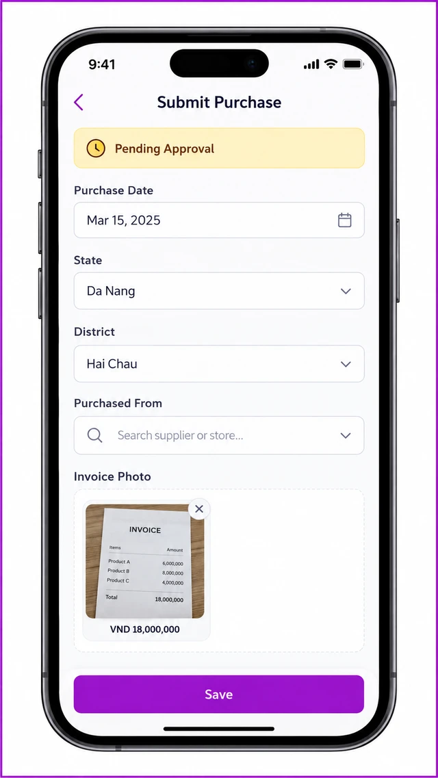 Mobile app screenshot of the 1Channel partner app Add Purchase form with an invoice photo attached, pending approval for a Da Nang retailer