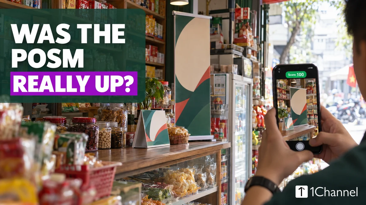 Field sales rep photographing a tent card and standee display on a Hanoi grocery counter with a phone showing a Score 100 badge, under the headline Was the POSM Really Up