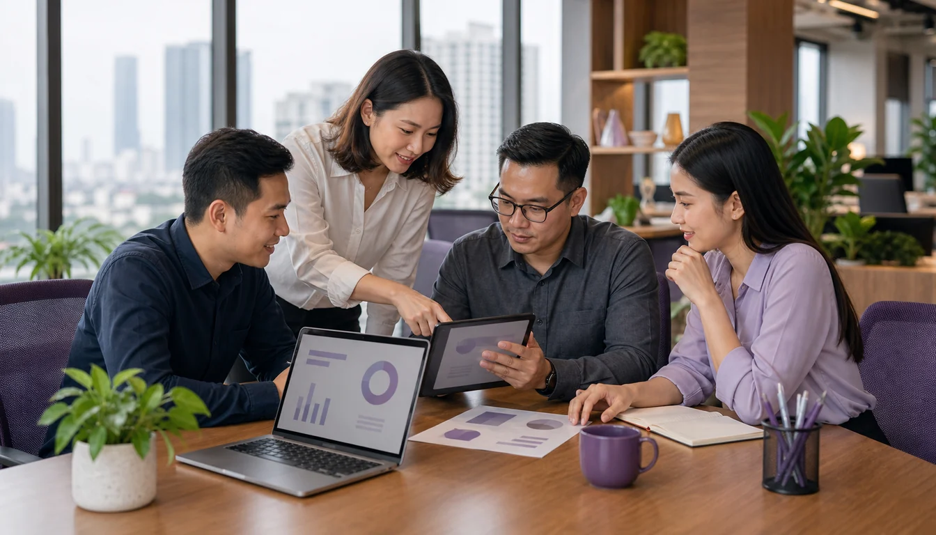 Vietnamese professionals welcoming a new teammate at a collaborative office session