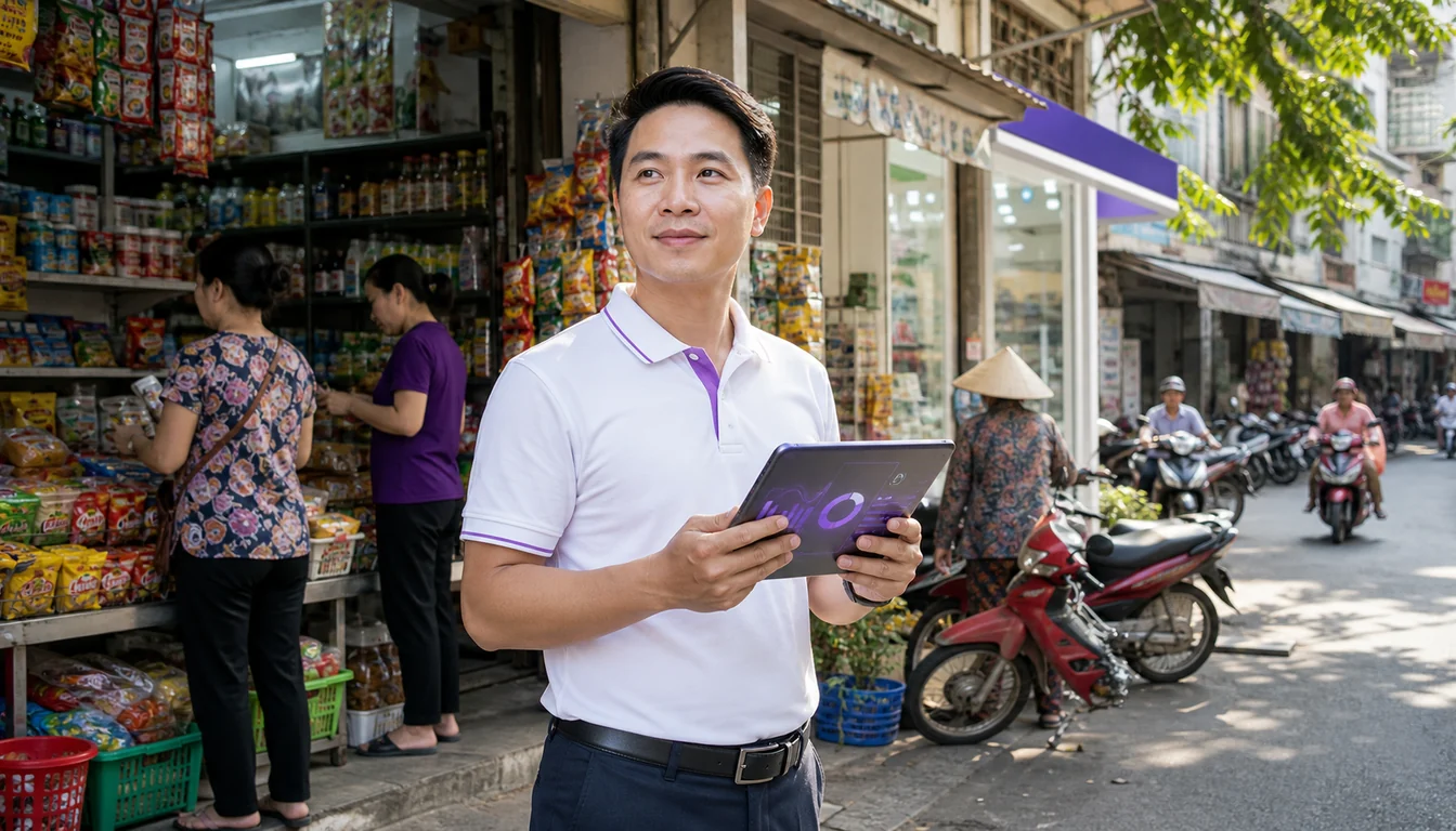 Field Sales Representative in Vietnam using 1Channel outside a tạp hóa store