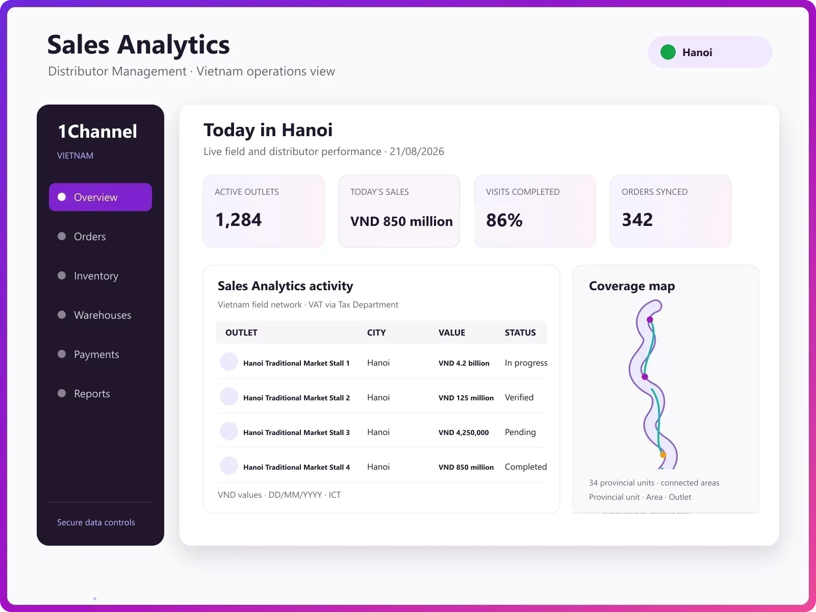Reporting software showing CSV export, warehouse and brand filters, and seven-day cached report access