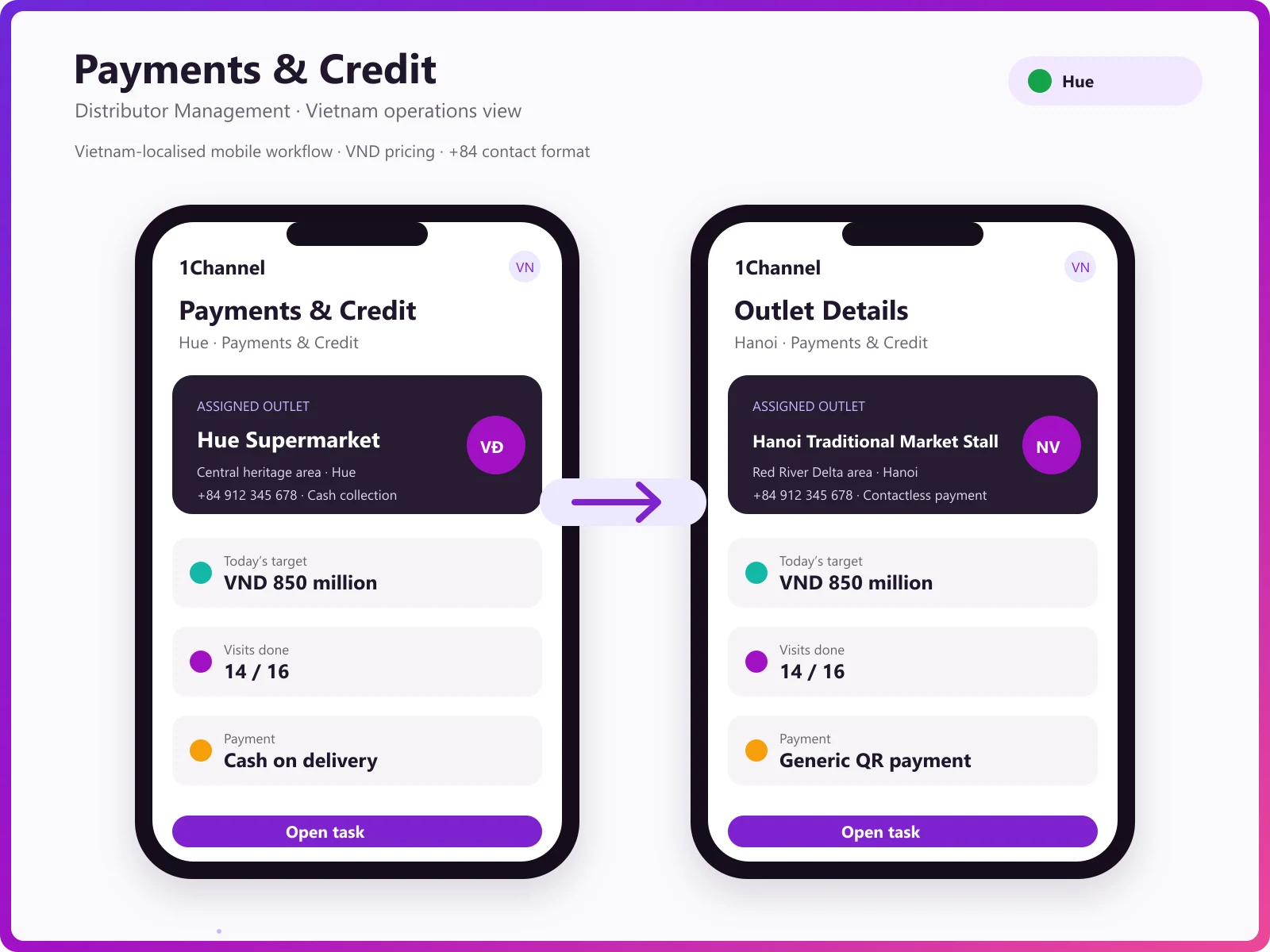 Payment management software mobile app showing outstanding VND balances, QR transfer capture and credit status at a Vietnam outlet