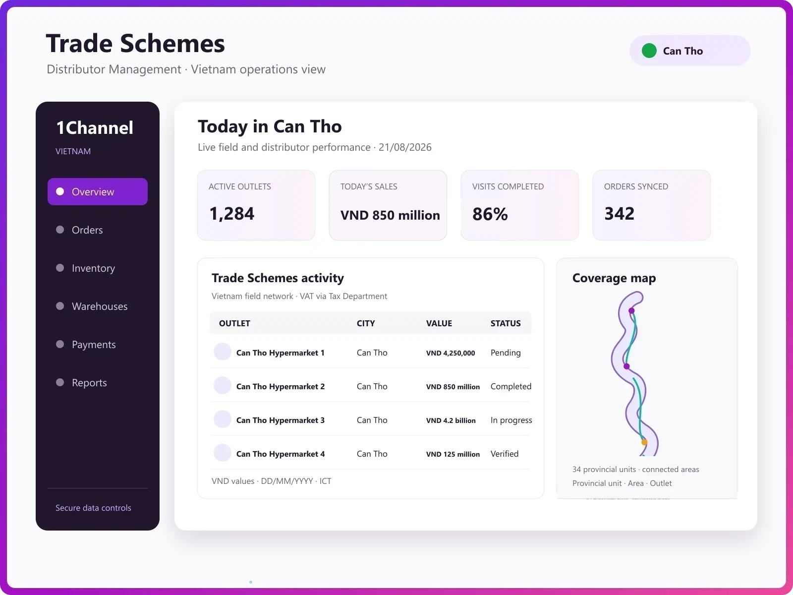Trade promotion analytics dashboard showing VND spend, scheme utilisation and sell-through by channel and region in Vietnam