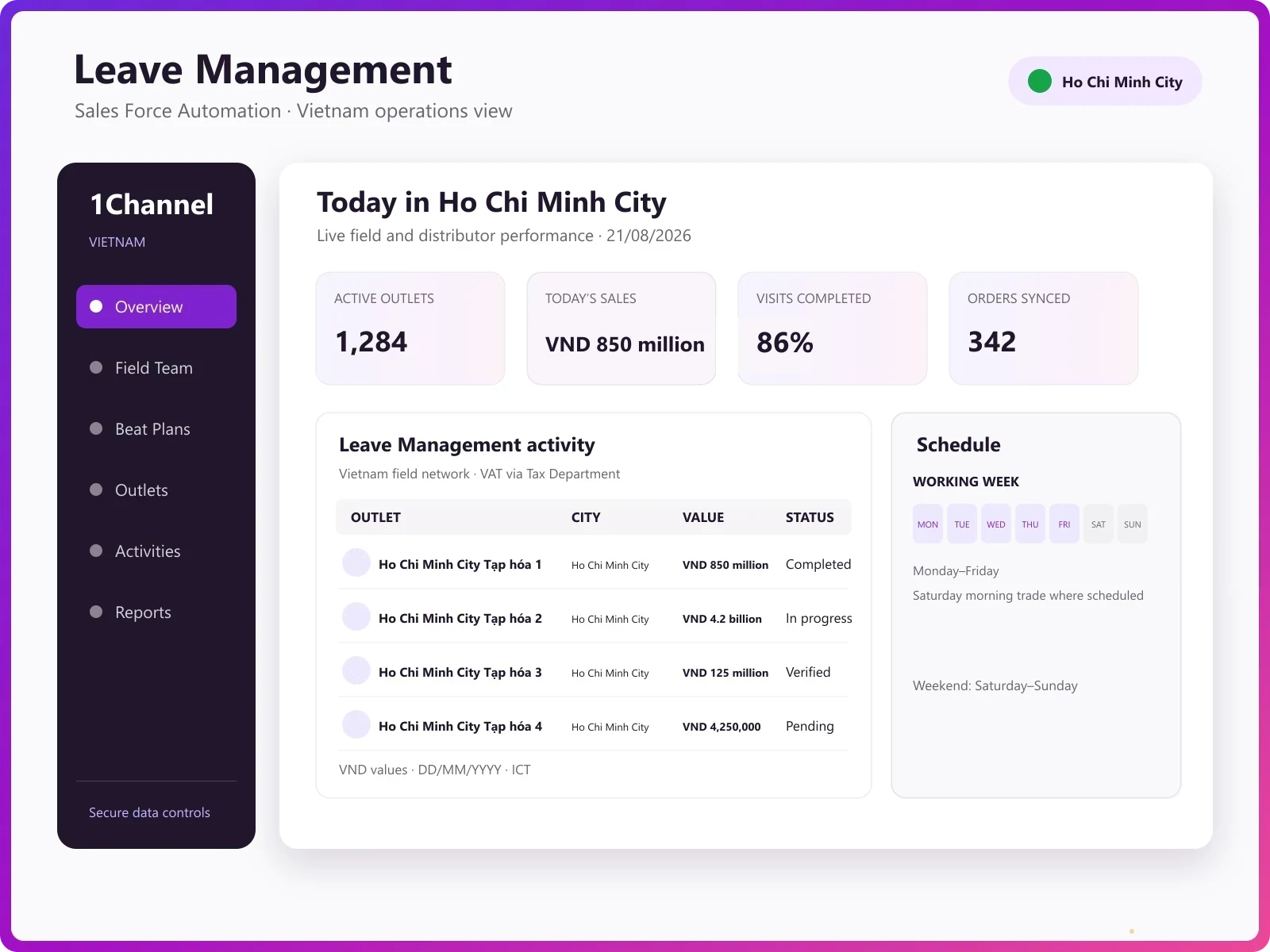 Admin screen configuring leave types, balance pools and carry-forward rules