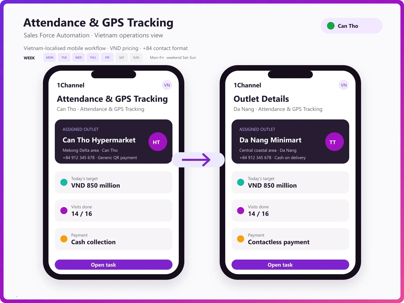 SFA mobile app dashboard with attendance and beat plan